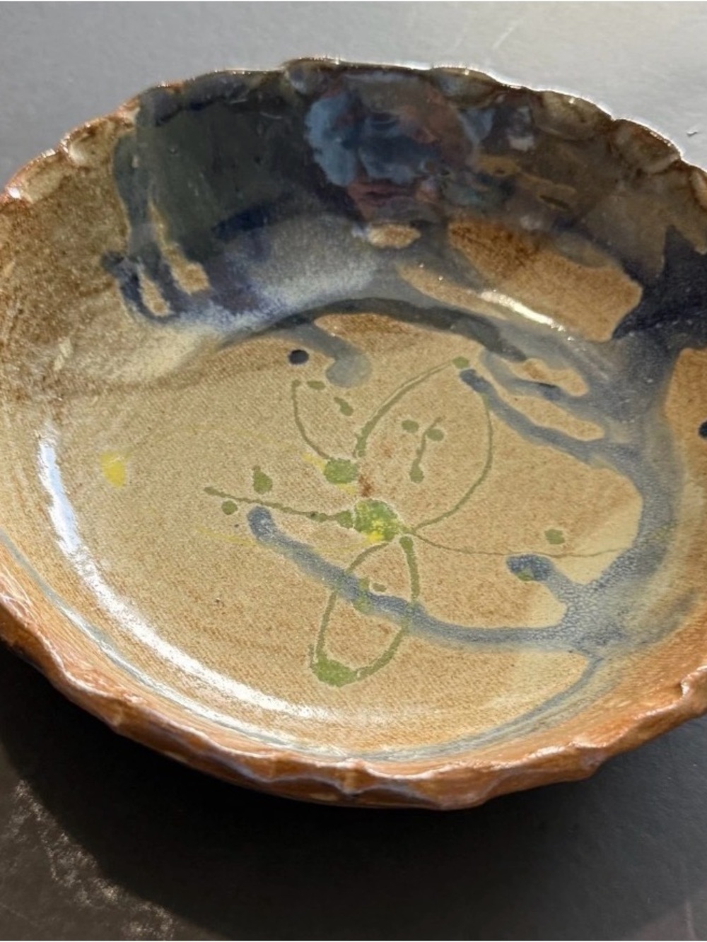 Handmade Handpainted Glazed Terra Cotta Bowl w Handles & Scalloped Edge Signed